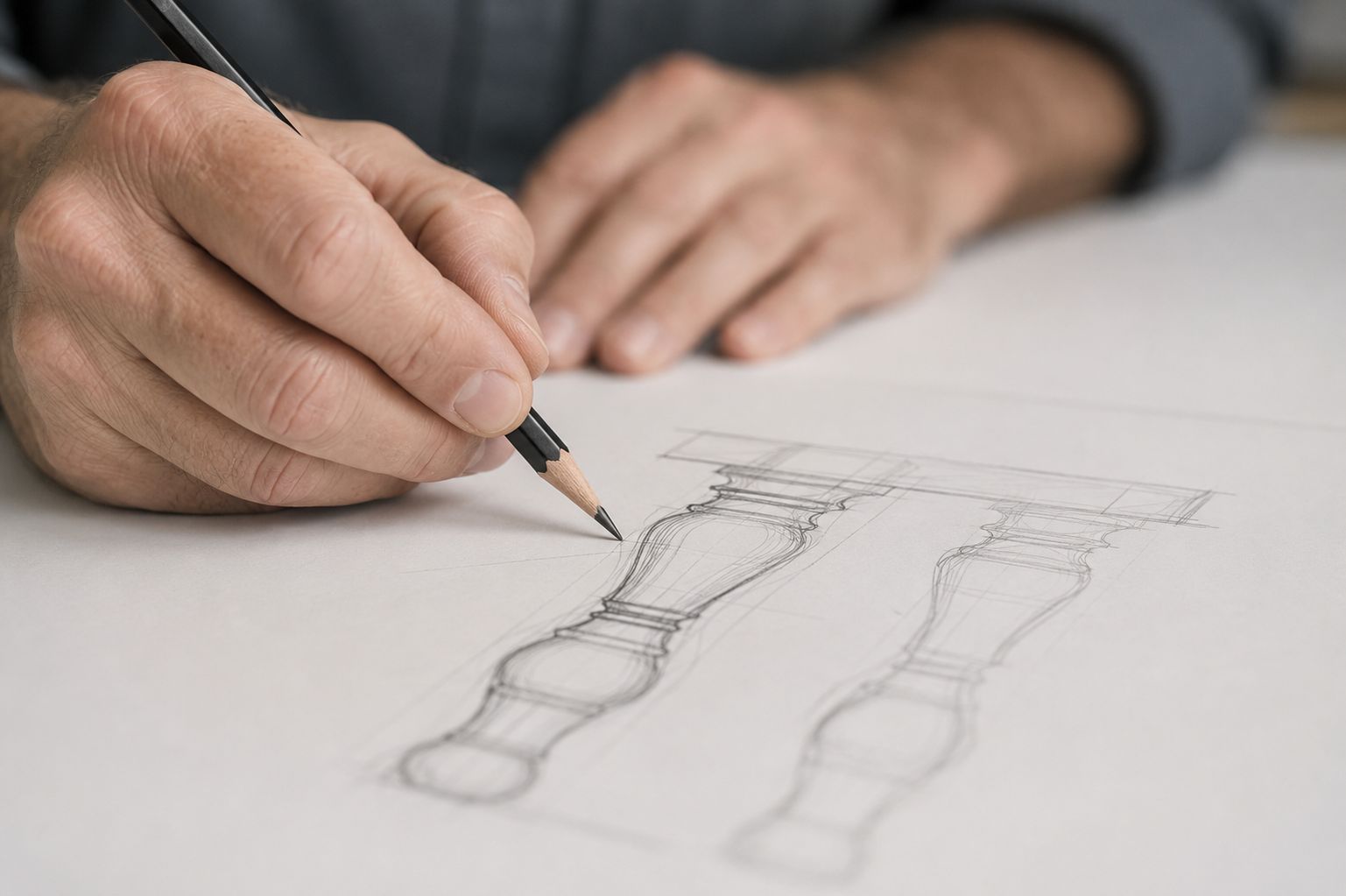 Sketching turned table legs by hand in the workshop